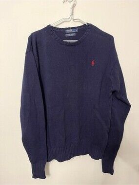 Polo Ralph Lauren Vintage Navy Blue Cotton Sweater, Size L, Classic Crew Neck
